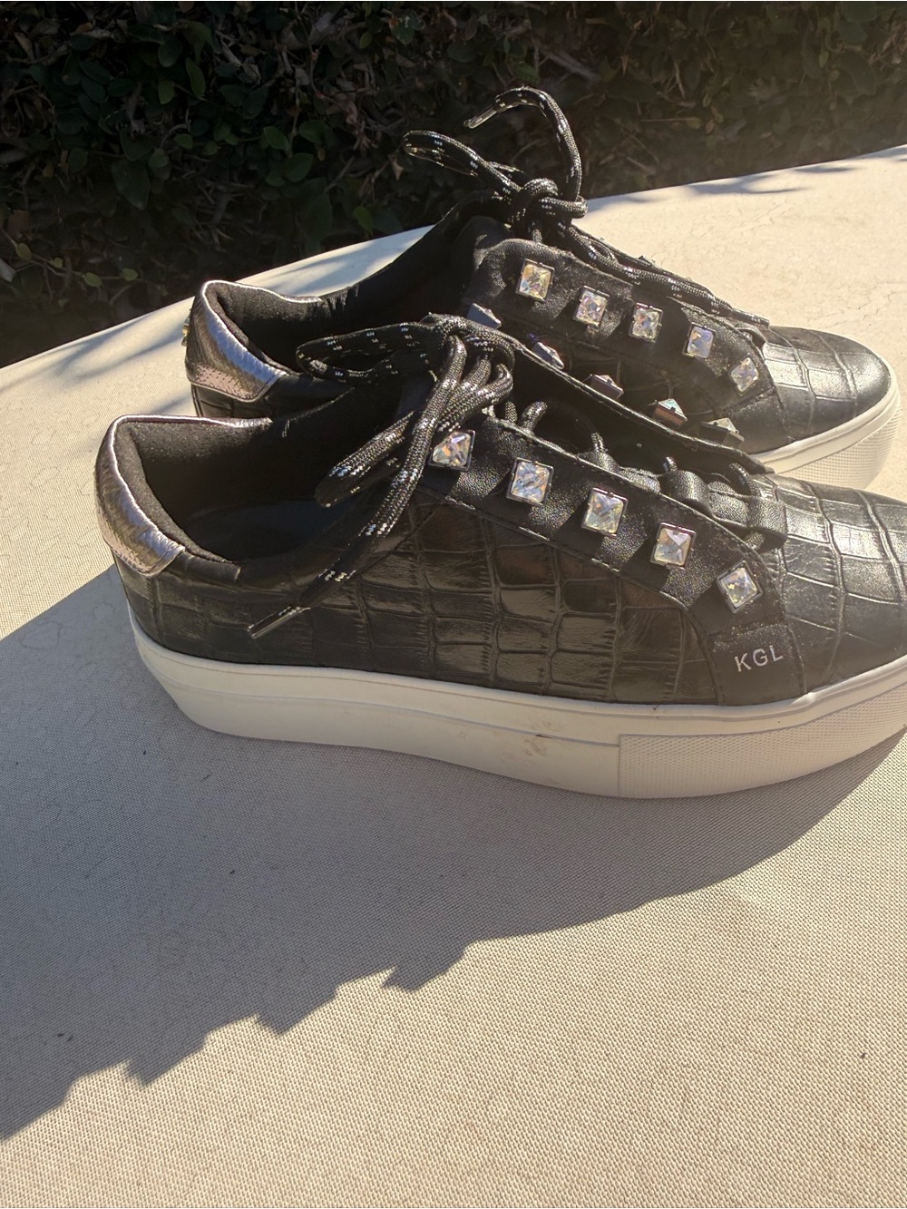 Kurt Geiger Black Croc-Embossed Platform Sneakers with Crystal Eyelets